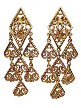 Monet Gold Tone Clip-On Heart Spade Diamond Chandelier Dangle Earrings J827